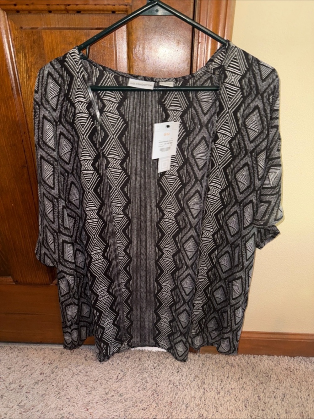 Liz Claiborne Womens S/M Open Front Cardigan Black & White Geometric Boho Aztec.